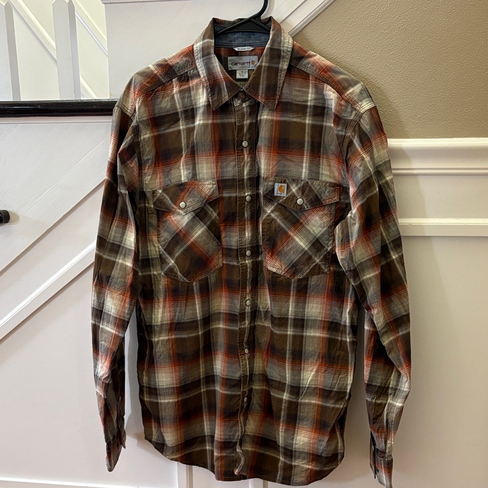 Carhartt shirt, relaxed fit snap closure long sleeved plaid shirt